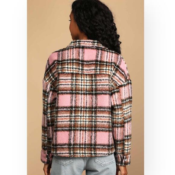 LULUS The City is Calling Plaid Pink Shacket Lagenlook Relaxed Coquette Cozy - Picture 2 of 16